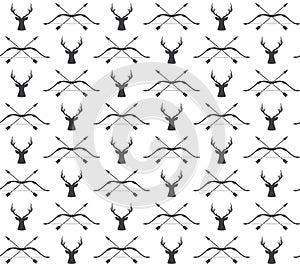 Vector seamless vintage hunting pattern with deer and bow