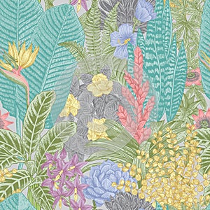 Vector seamless vintage pattern. Exotic flowers and plants.