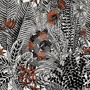 Vector seamless vintage pattern. Exotic flowers and plants.