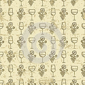 Vector seamless vintage pattern with outline vine grape and wine