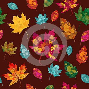 Vector Seamless Watercolor, Autumn-Fall Leaves Pattern.