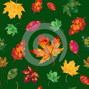 Vector Seamless Watercolor, Autumn-Fall Leaves Pattern.