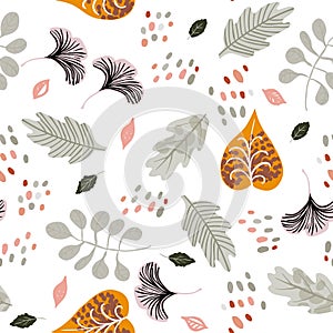 Vector seamless watercolor pattern with fall colorful leaves