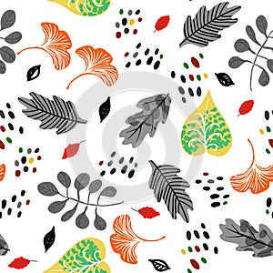 Vector seamless watercolor pattern with fall colorful leaves