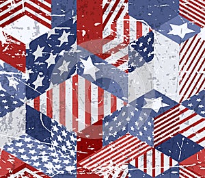 Vector seamless watercolor USA flag pattern. 3d isometric cubes background in american flag colors.
