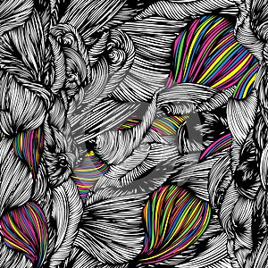 Vector seamless wave doodle hand drawn pattern. Black and white