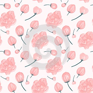 Vector Seamless wedding pattern with delicate pink watercolor flowers.