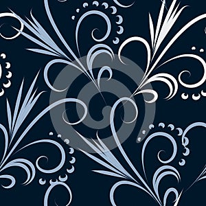 Vector seamless white-blue curls pattern on dark blue background