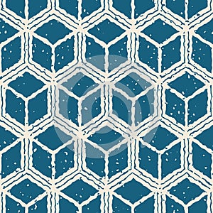 Vector Seamless White Navy Color Hand Drawn Distorted Lines Cube Shape Grunge Retro Pattern