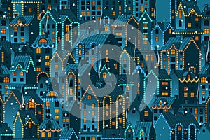 Vector seamless winter background with night town. Hand-drawn townhouses.