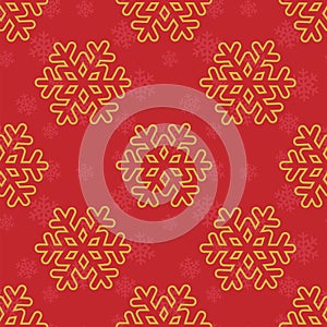 Vector seamless winter pattern with golden snowflakes on red background.