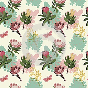 Vector seamless yellow background with proteas and foliage.