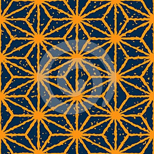 Vector Seamless Yellow Navy Color Hand Drawn Distorted Lines Star Shape Grunge Retro Pattern