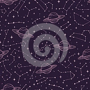 Vector seamlesss pattern with zodiac constellations and Saturn p