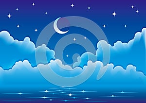 Vector seascape with clouds, moon and stars