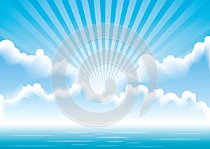 Vector seascape with clouds and sun rays