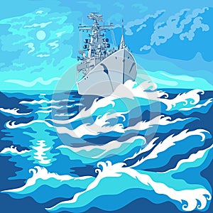 Vector seascape with a warship
