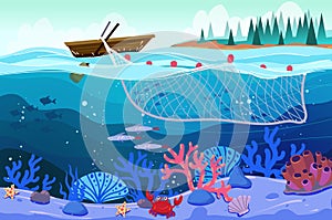 Vector seascape - wooden boat with a net, fishing, sky and underwater sea life with a school of fish and coral reefs