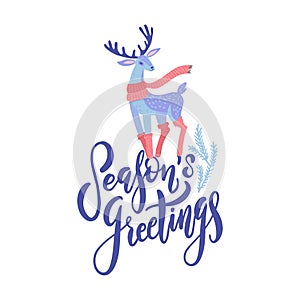 Vector Season`s Greetings lettering design with hand drawn cartoon deer. Christmas or New Year`s decor. Happy Holidays card,