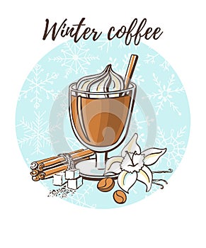 Vector seasonal doodle illustration with coffee and spices