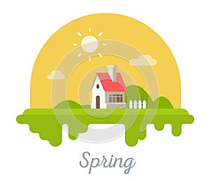 Vector seasonal illustration of sweet house with chimney on green grass. Spring season concept with sun on white background.