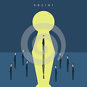 Vector secret concept sketch with business people going towards huge keyhole
