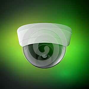 Vector security camera illustration. Safety control equipment. Ceiling camera protection technology. CCTV view video