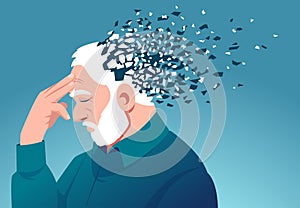 Vector of a senior man losing parts of head as symbol of decreased brain function photo