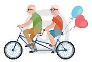 Vector senior married a loving couple riding a tandem bike