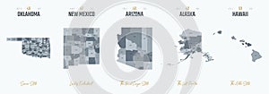 Vector set 10 of 10 Highly detailed silhouettes of US state maps, divided into counties with names and territory nicknames