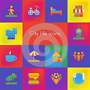 Vector set of 14 icons showing city life in brutalism material design style