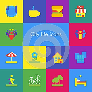 Vector set of 14 icons showing city life in flat material design style