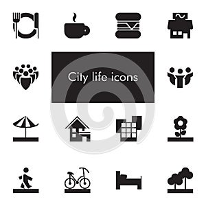 Vector set of 14 icons showing city life in one color