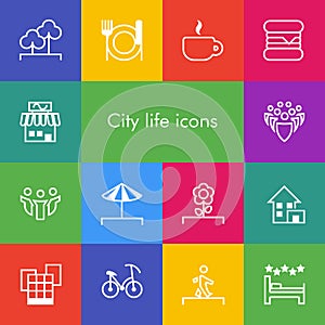 Vector set of 14 icons showing city life in outline style