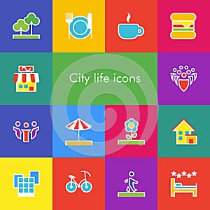 Vector set of 14 icons showing city life in outline style