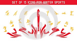 Vector set of 15 icons for winter sports