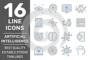 Vector set of 16 thin icons related to artificial intelligence and data science. Line pictograms and infographics design elements