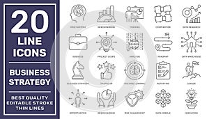 Vector set of 20 icons related to business management, strategy, career progress and business process. Line pictograms