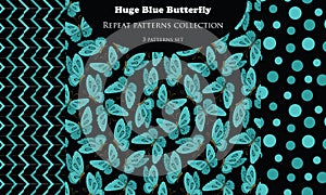 Vector set of 3 blue seamless patterns, Butterfly pattern with abstract patterns