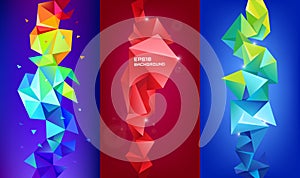 Vector set of 3d geometric shapes. Facet vertical banners, posters. Trinagle multicolot concept