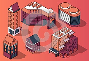 Vector set of 3D isometric residential multi-storey buildings