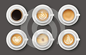 Vector set with 3d realistic different types of coffee in white cups. Collection of top views of mugs of cappuccino, latte,