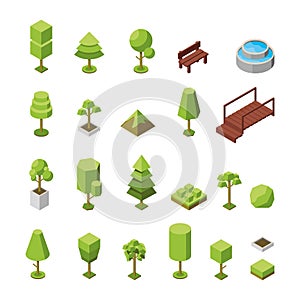 Vector set of 3d trees and outdoor furniture isometric icons