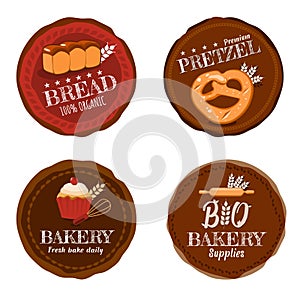 Vector Set of 4 Organic Product or food bread, pretzel, bakery and bakey supplies shop logo badge in eath tone on white background