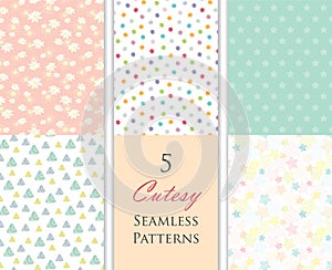 Vector set of 5 baby shower seamless repeat patterns. Stars, daisy, triangles,colourful dots patterns