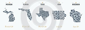 Vector set 6 of 10 Highly detailed silhouettes of US state maps, divided into counties with names and territory nicknames