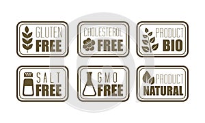 Vector set of 6 allergen free emblems gluten, cholesterol, salt, GMO . Symbol of natural product. Food intolerance