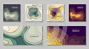 Vector set of 6 backgrounds with colorful paper cut shapes. 3D abstract paper art style, design layout for business presentations