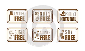 Vector set of 6 ingredient warning labels. Common allergens lactose, nuts, sugar, nitrates and soy. Natural product