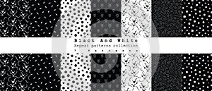 Vector set of 7 black and white seamless patterns. Geometrical background repeat patterns